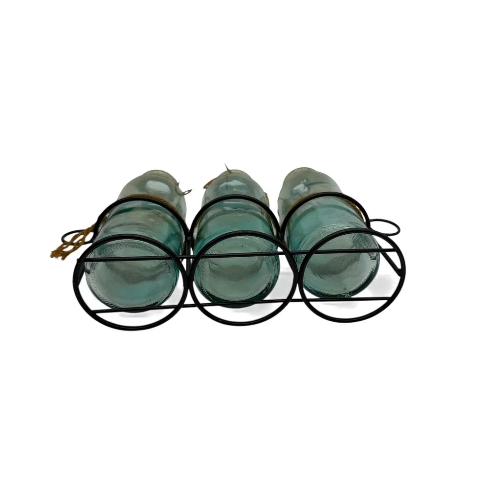 Unbranded Blue Glass Bottle Set 3 Piece with Metal‎ Rack Farmhouse Decor